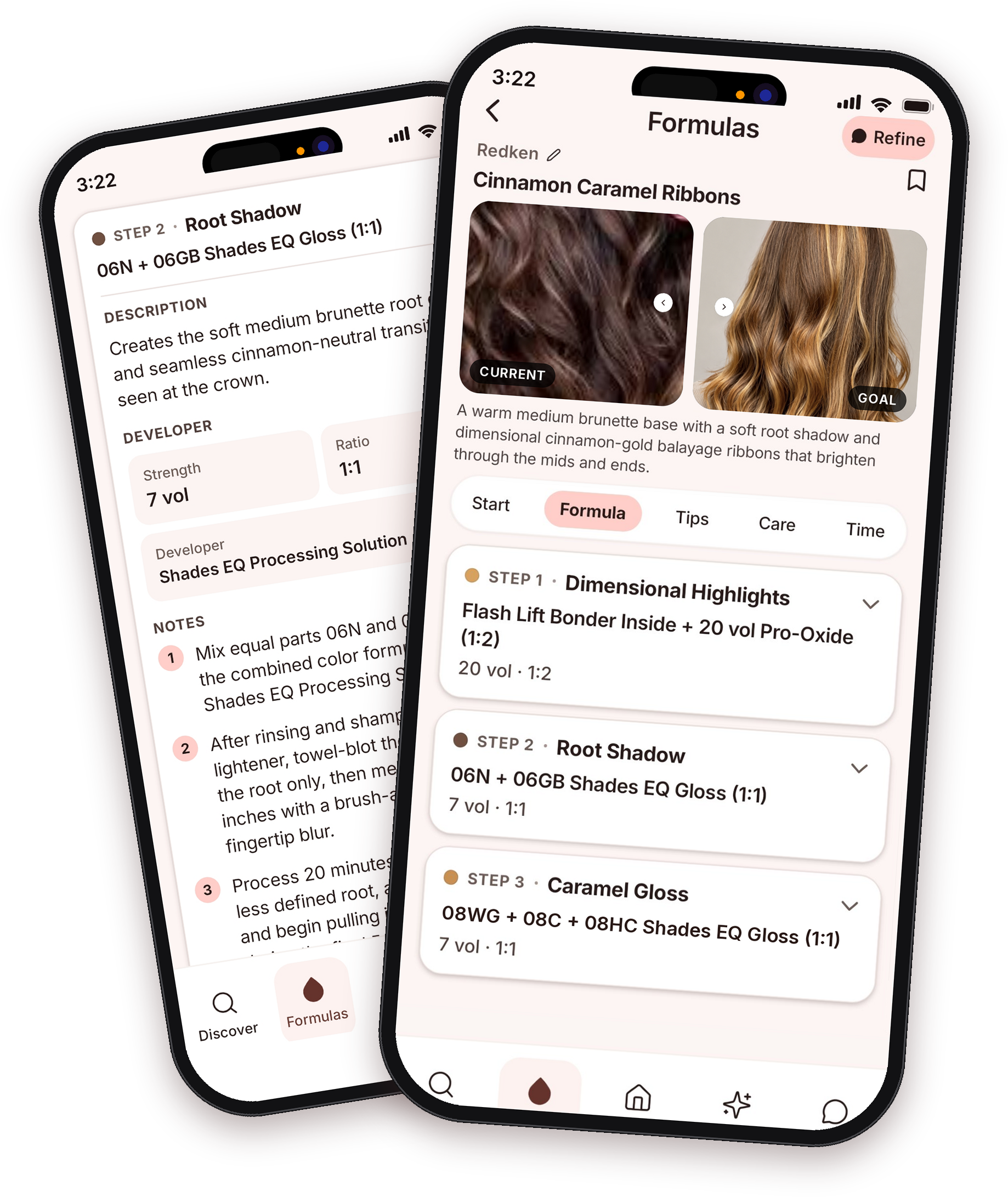 A FormulaFinder formula broken into steps with products, shade codes, developer and ratio